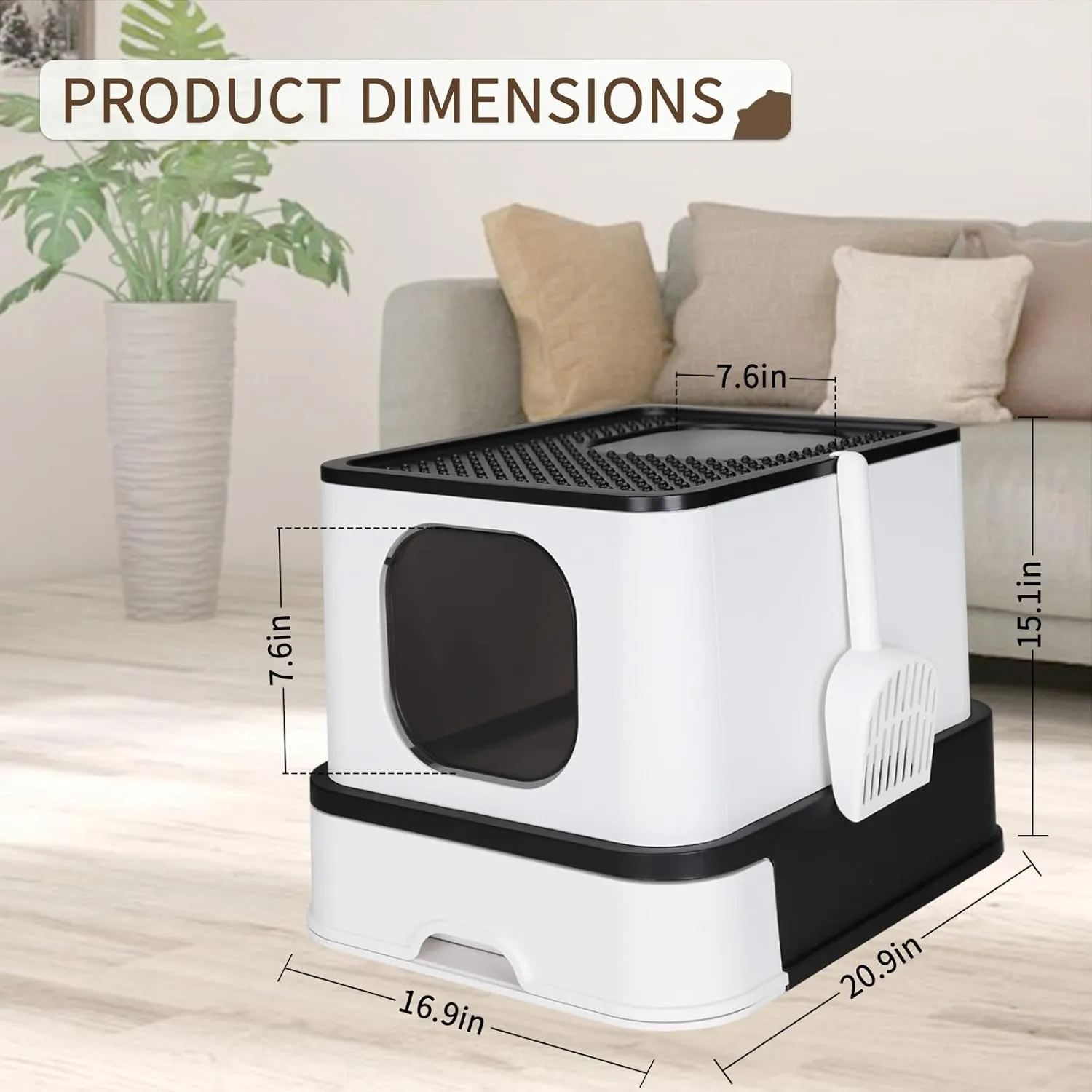 RIZZARI Cat Litter Box, Foldable Cat Box with Drawer, Large Capacity Litter Box with Lid, Top Opening Litter Pan for Small to Big Cats (Black)