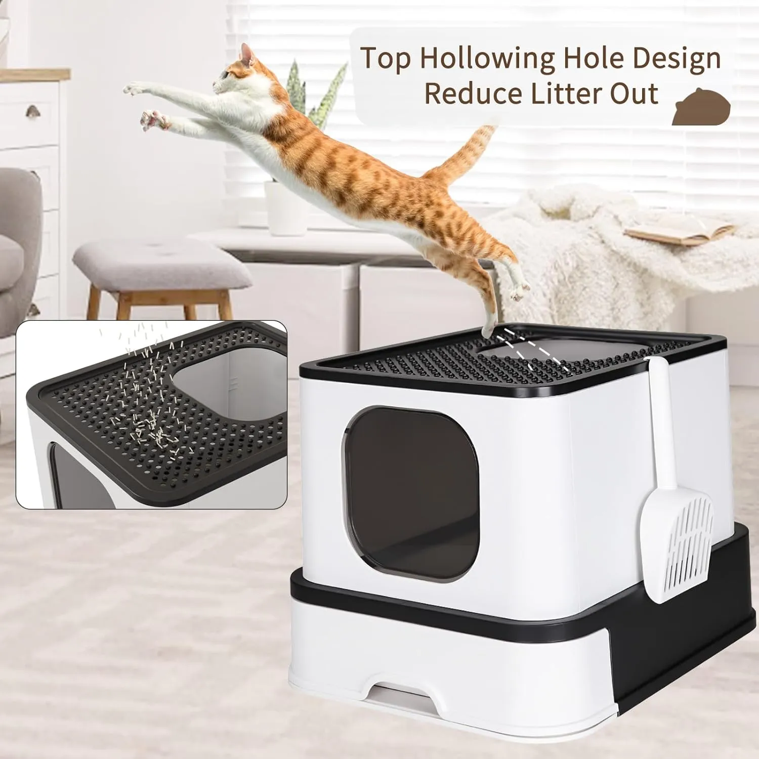 RIZZARI Cat Litter Box, Foldable Cat Box with Drawer, Large Capacity Litter Box with Lid, Top Opening Litter Pan for Small to Big Cats (Black)
