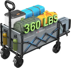 Small Wagon Cart Foldable, Collapsible Wagon with 360 LBS Max Load & Expandable Storage, 90L Foldable Grocery Cart with 2 Cup Holders for Outdoor, Garden, Camping &Groceries-Grey
