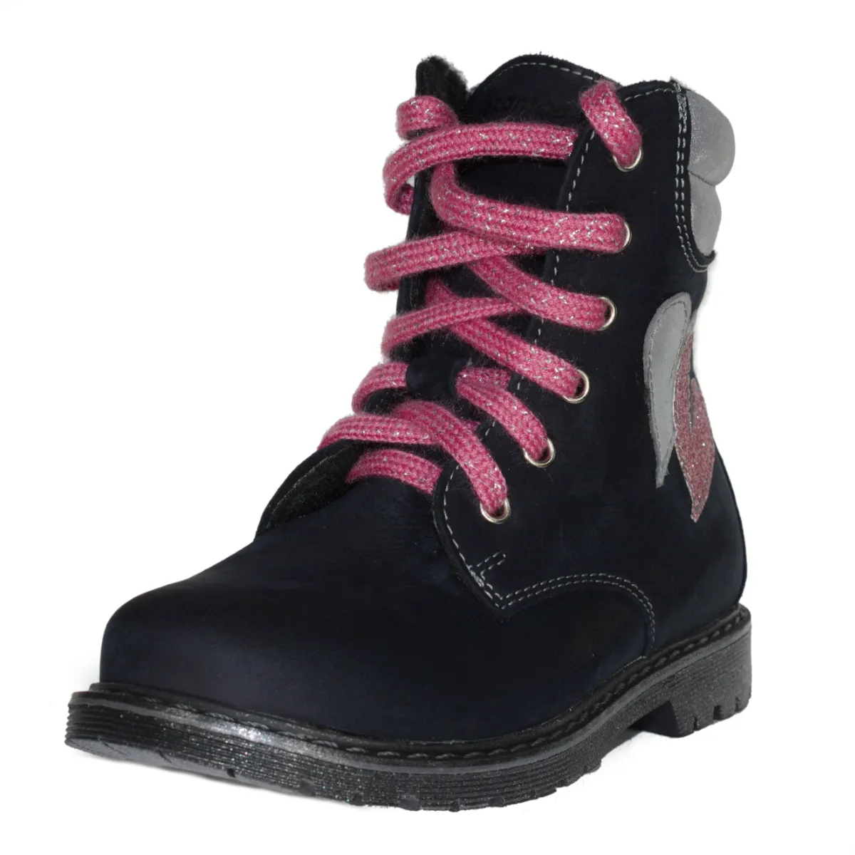 Szamos kid girl boots black with white and pink heart decor little kid size