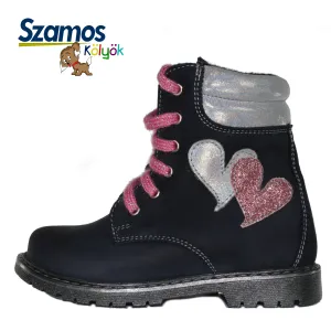 Szamos kid girl boots black with white and pink heart decor little kid size