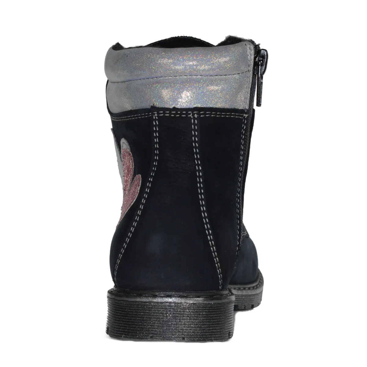 Szamos kid girl boots black with white and pink heart decor little kid size