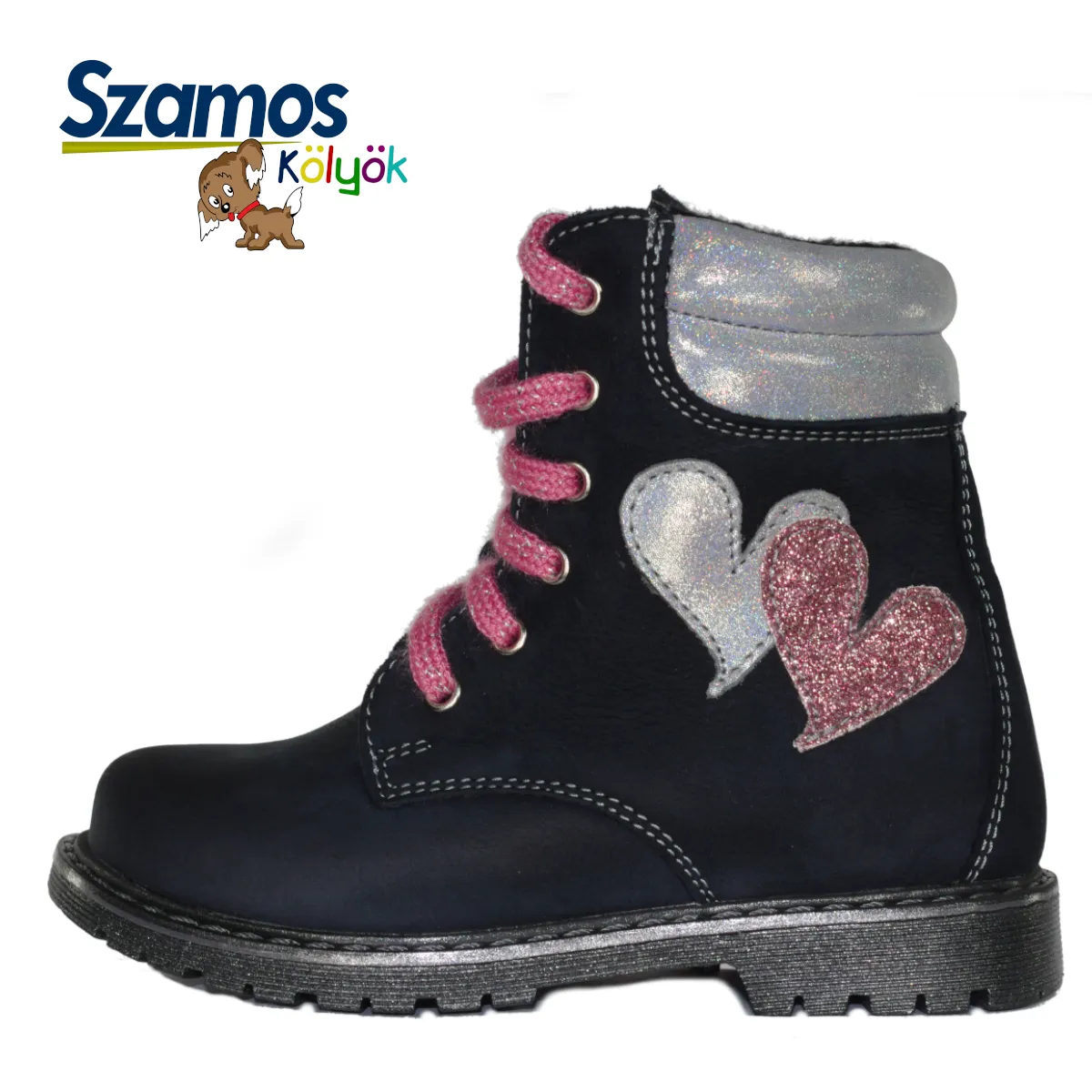 Szamos kid girl boots black with white and pink heart decor little kid size
