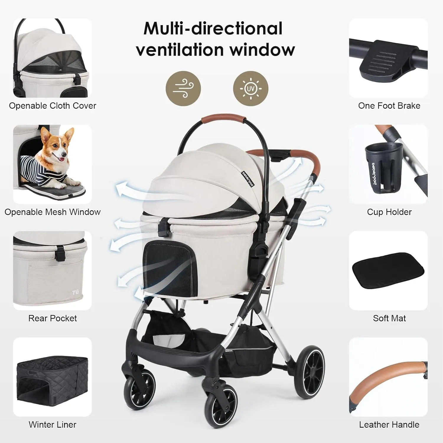 T6 Luxury Pet Stroller for Medium Dog Under 66lbs or 2 Small Dogs & Cats, Foldable and Carrier -Detachable (Beige)