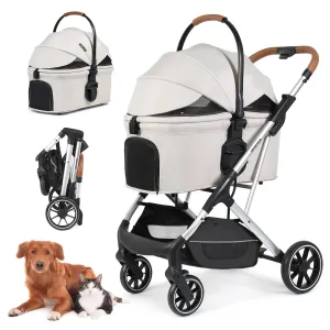T6 Luxury Pet Stroller for Medium Dog Under 66lbs or 2 Small Dogs & Cats, Foldable and Carrier -Detachable (Beige)