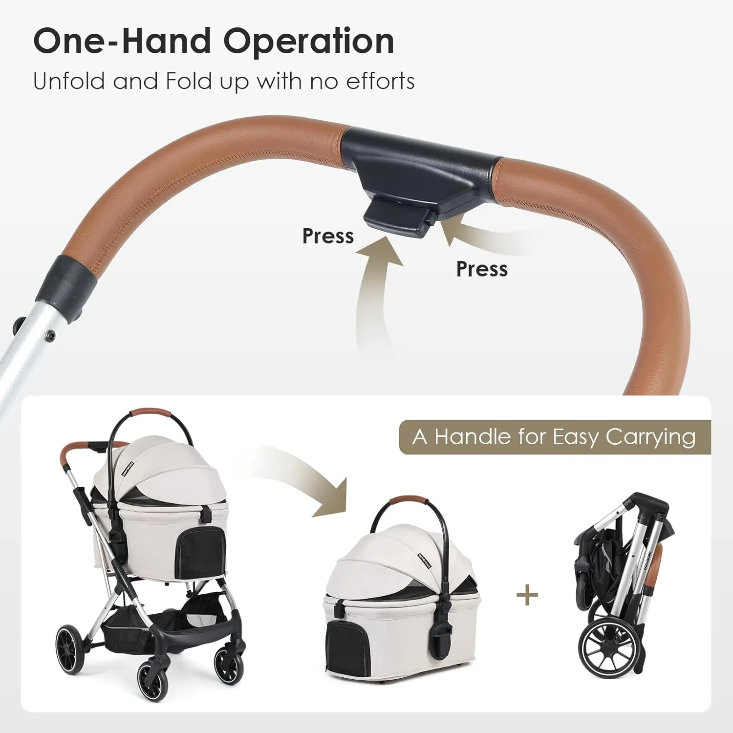 T6 Luxury Pet Stroller for Medium Dog Under 66lbs or 2 Small Dogs & Cats, Foldable and Carrier -Detachable (Beige)