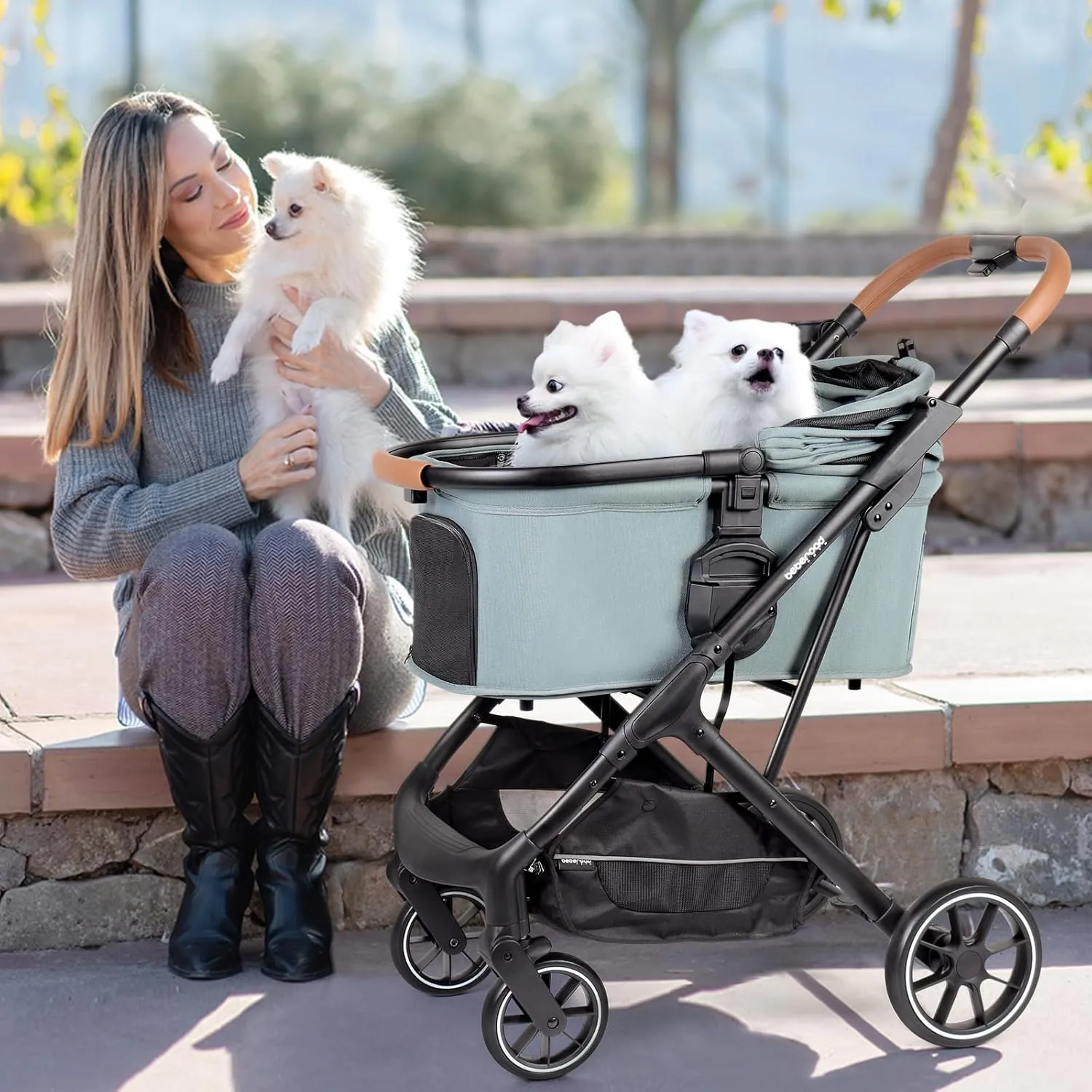 T6 Luxury Pet Stroller for Medium Dog Under 66lbs or 2 Small Dogs & Cats, Foldable and Carrier -Detachable (Green)