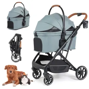 T6 Luxury Pet Stroller for Medium Dog Under 66lbs or 2 Small Dogs & Cats, Foldable and Carrier -Detachable (Green)