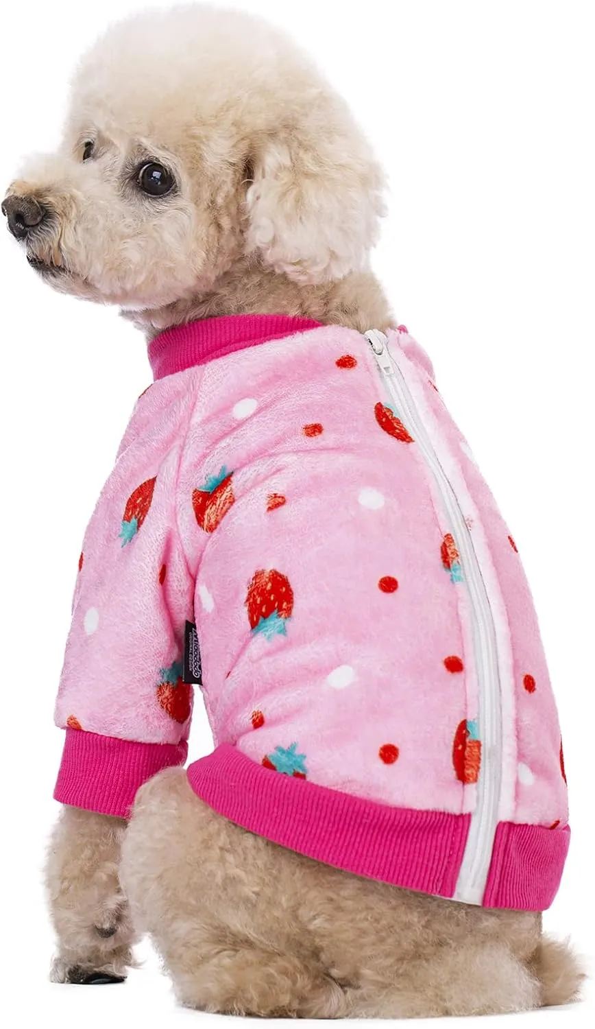 Thick Small Dog Clothes, Flannel Puppy Hoodie, Pink Strawberry Print Pet Sweatshirt, Cat Apparel (S, Pink)