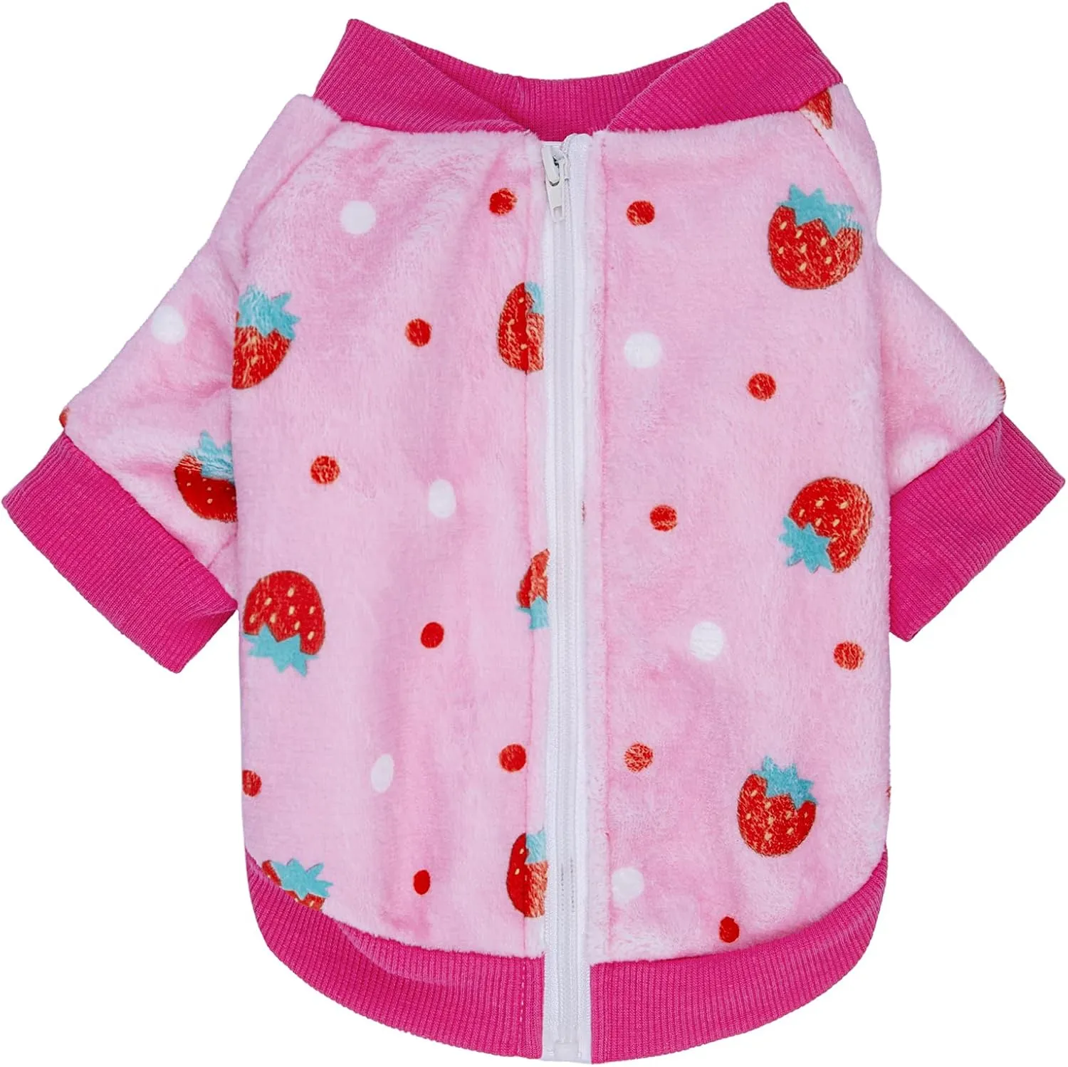 Thick Small Dog Clothes, Flannel Puppy Hoodie, Pink Strawberry Print Pet Sweatshirt, Cat Apparel (S, Pink)