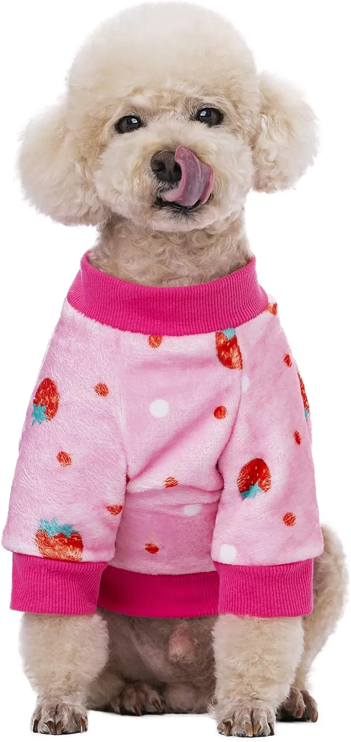 Thick Small Dog Clothes, Flannel Puppy Hoodie, Pink Strawberry Print Pet Sweatshirt, Cat Apparel (S, Pink)