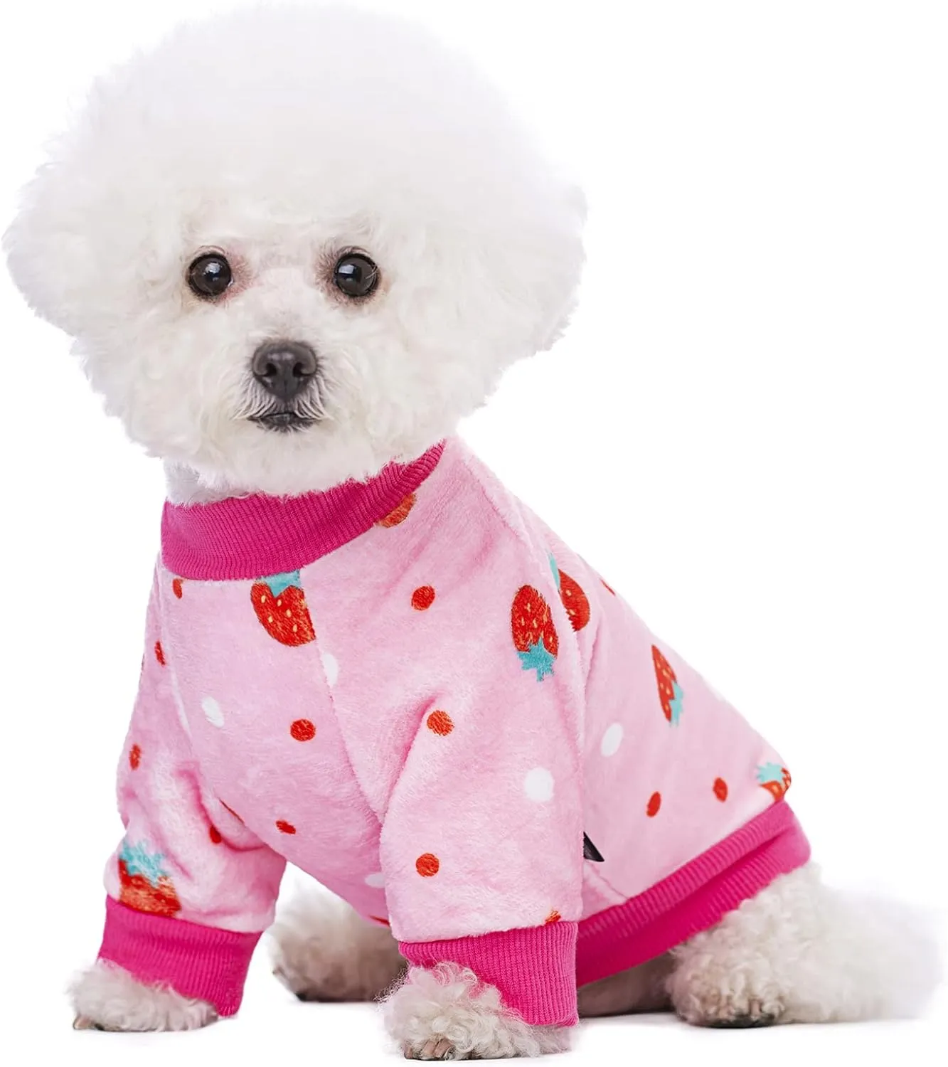 Thick Small Dog Clothes, Flannel Puppy Hoodie, Pink Strawberry Print Pet Sweatshirt, Cat Apparel (S, Pink)