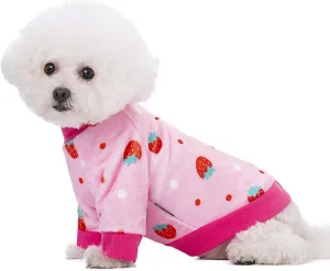 Thick Small Dog Clothes, Flannel Puppy Hoodie, Pink Strawberry Print Pet Sweatshirt, Cat Apparel (S, Pink)