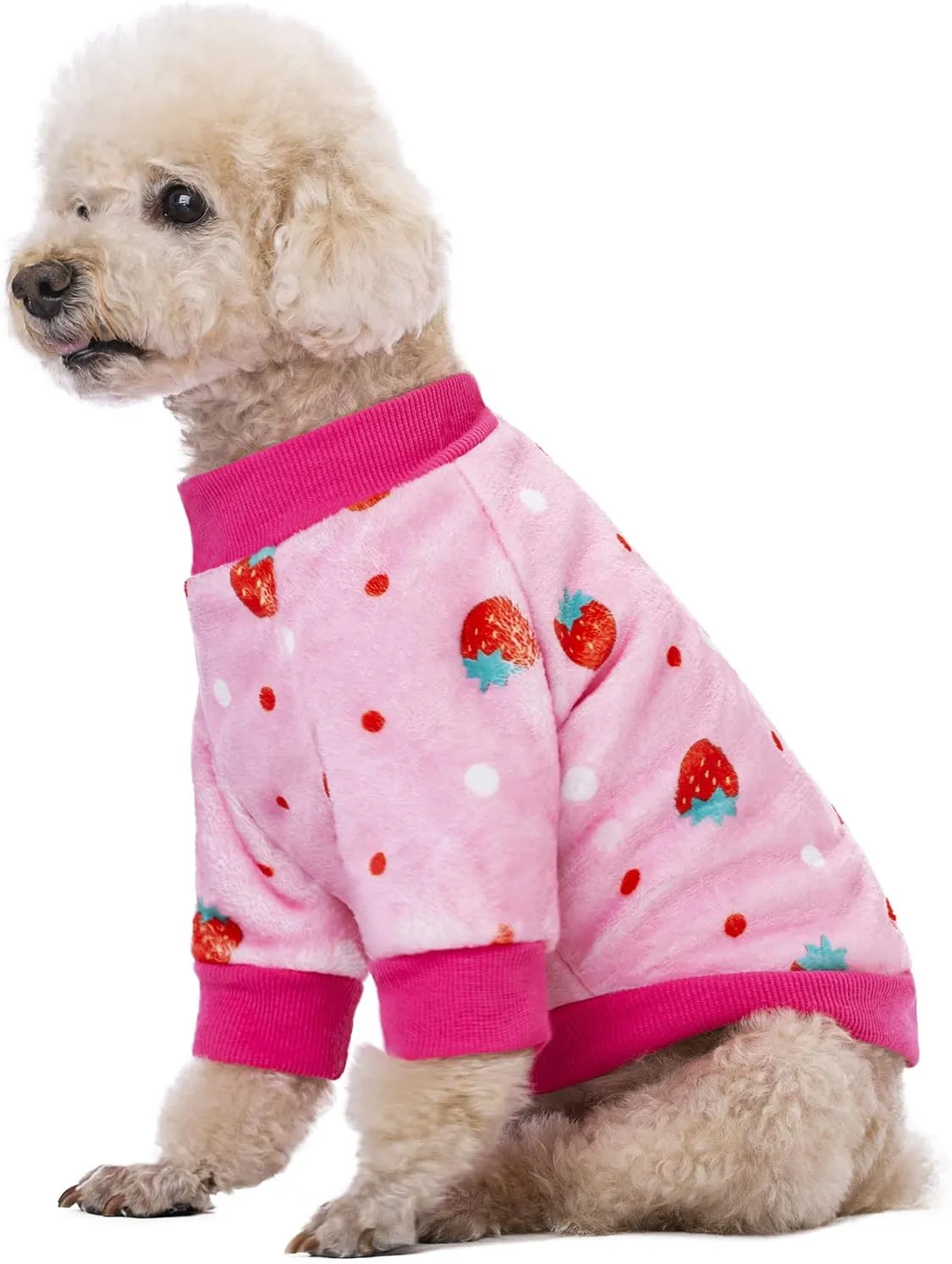 Thick Small Dog Clothes, Flannel Puppy Hoodie, Pink Strawberry Print Pet Sweatshirt, Cat Apparel (S, Pink)