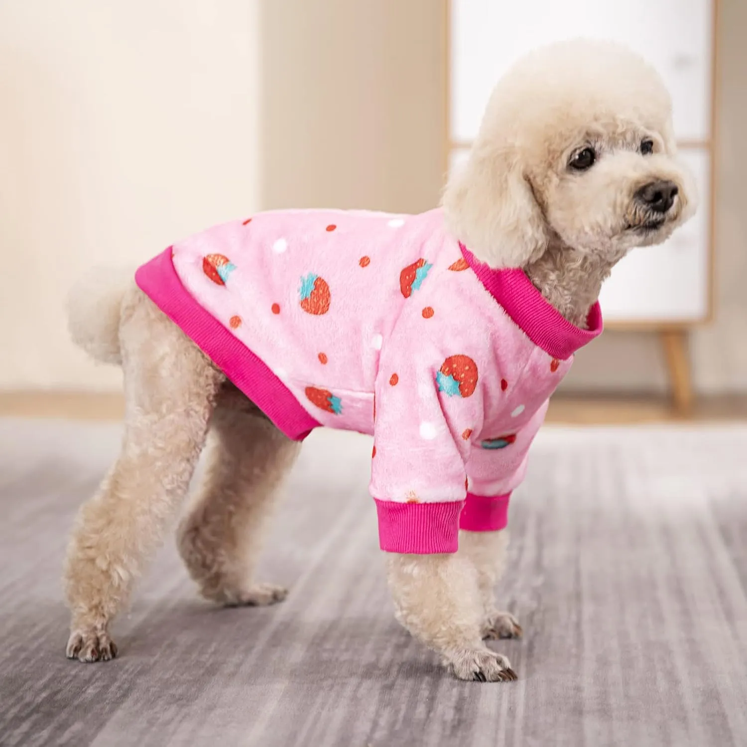 Thick Small Dog Clothes, Flannel Puppy Hoodie, Pink Strawberry Print Pet Sweatshirt, Cat Apparel (S, Pink)