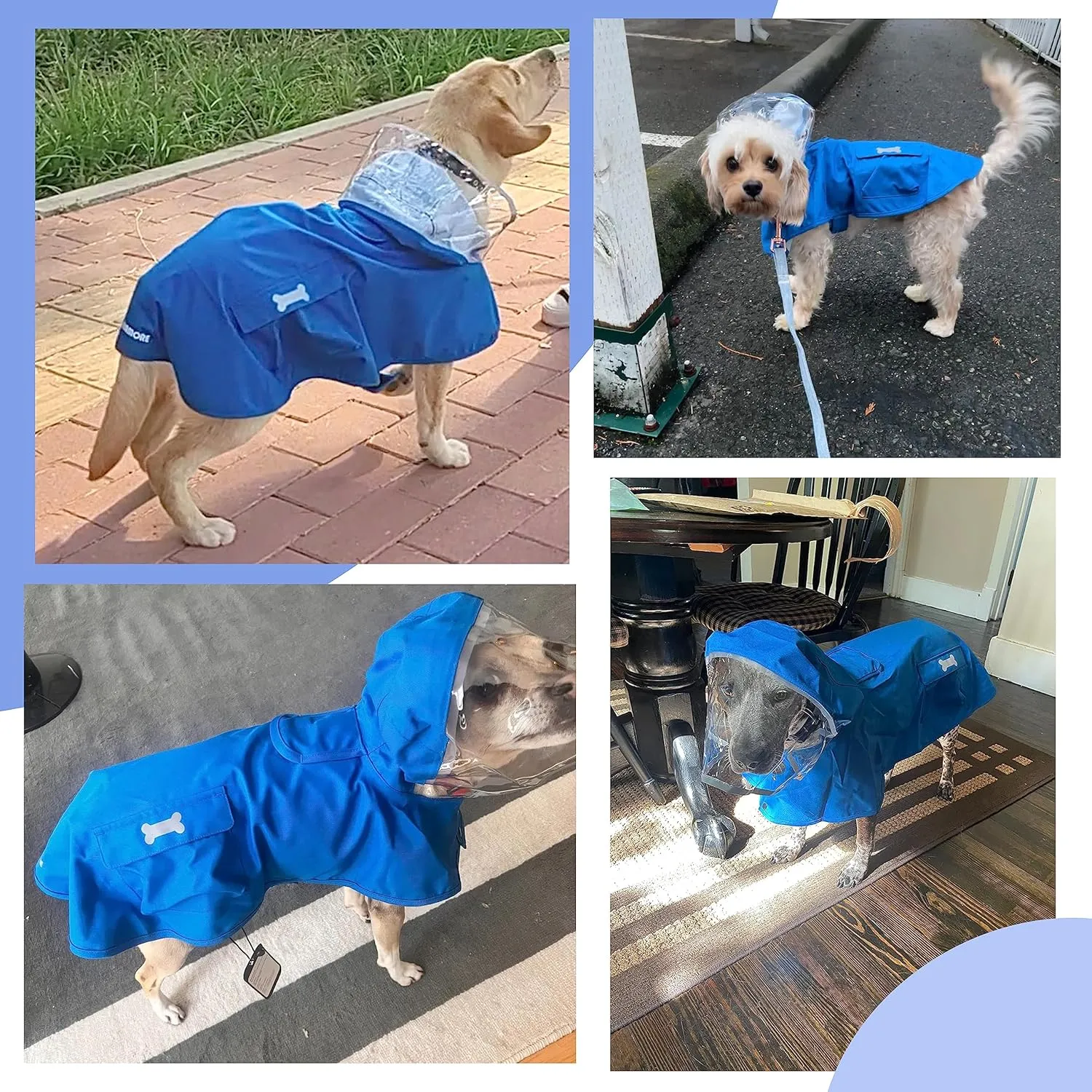Waterproof Dog Raincoat, Adjustable Reflective Lightweight Pet Rain Clothes with Poncho Hood (Large, Blue)