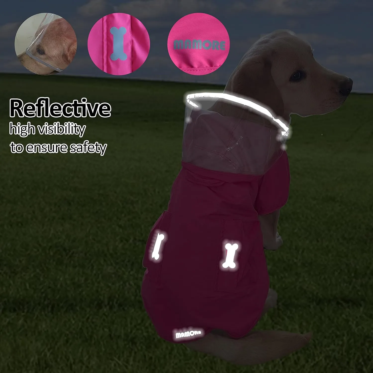 Waterproof Dog Raincoat, Adjustable Reflective Lightweight Pet Rain Clothes with Poncho Hood (Small, Dark Pink)