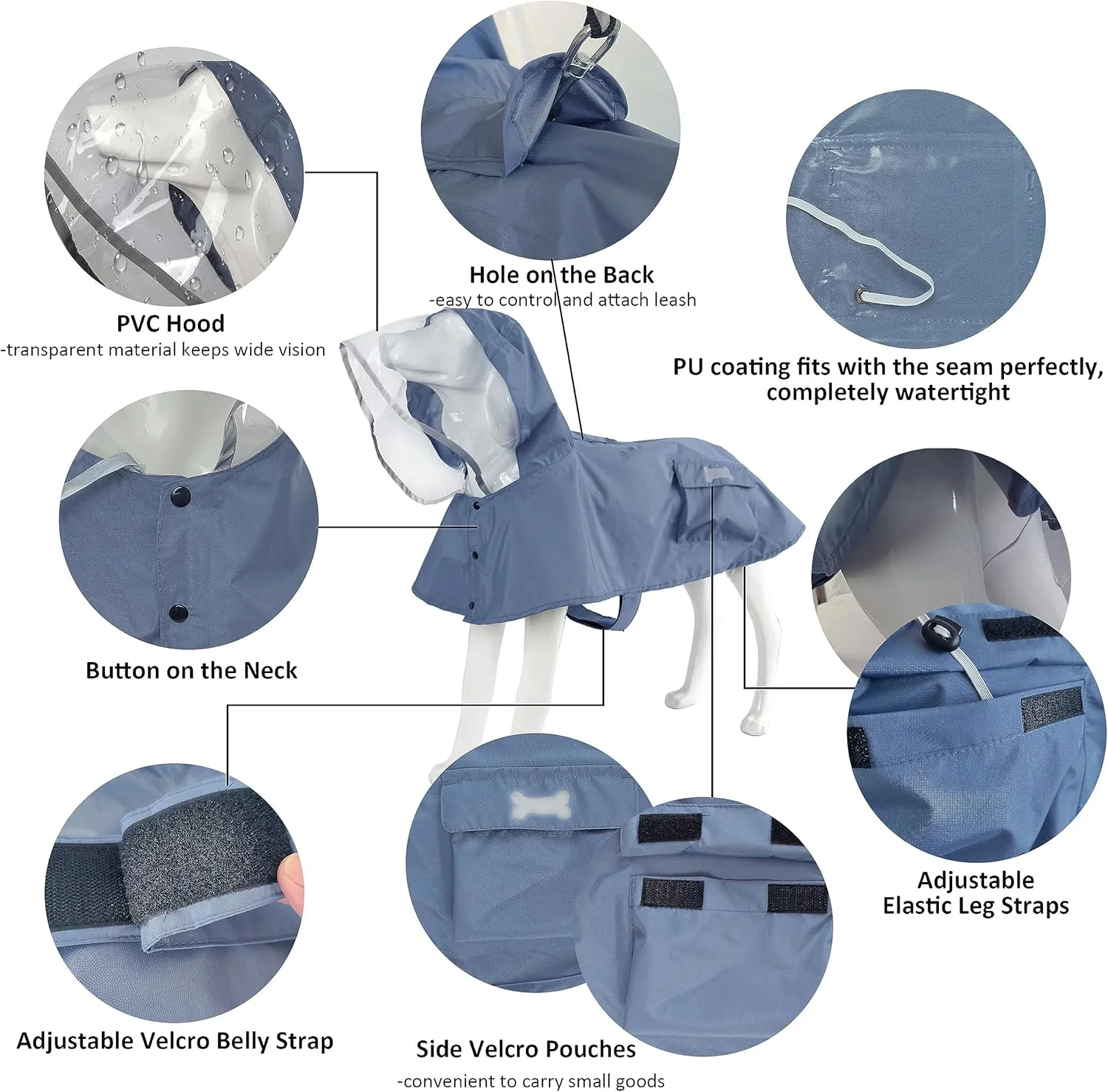 Waterproof Dog Raincoat, Adjustable Reflective Lightweight Pet Rain Clothes with Poncho Hood(Large, Blue&Grey)