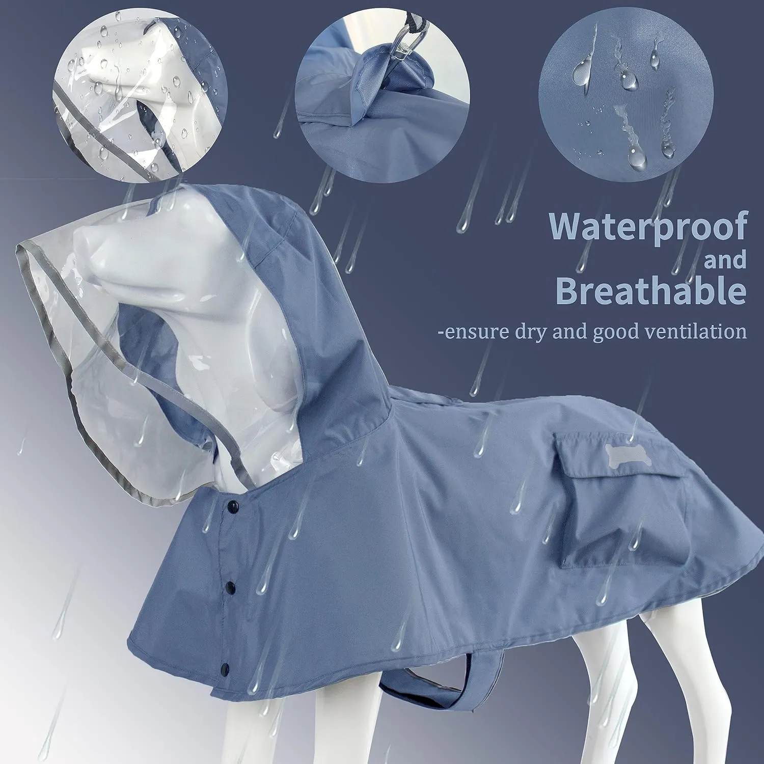 Waterproof Dog Raincoat, Adjustable Reflective Lightweight Pet Rain Clothes with Poncho Hood(Large, Blue&Grey)