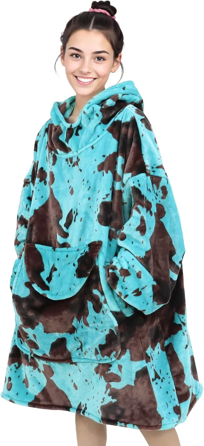 Wearable Blanket Hoodie Turquoise Fleece Sweatshirt Blanket with Giant Hood Pocket and Sleeves Teal Blue Birthday Gifts for Men Women