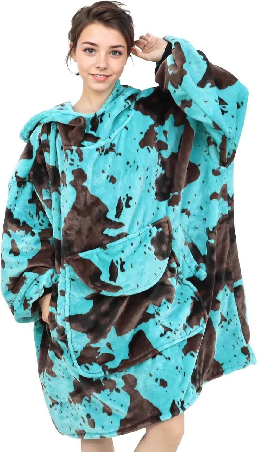 Wearable Blanket Hoodie Turquoise Fleece Sweatshirt Blanket with Giant Hood Pocket and Sleeves Teal Blue Birthday Gifts for Men Women