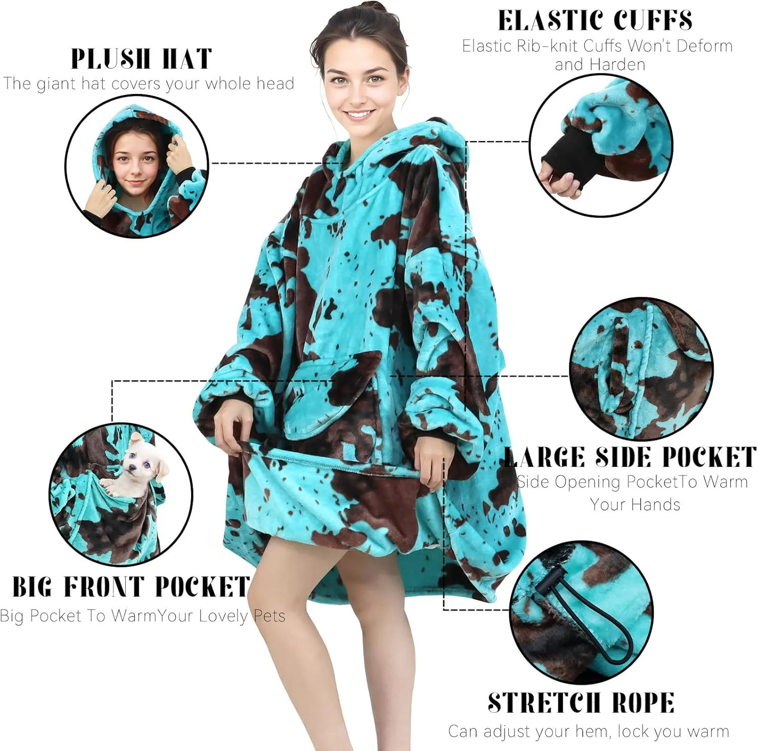 Wearable Blanket Hoodie Turquoise Fleece Sweatshirt Blanket with Giant Hood Pocket and Sleeves Teal Blue Birthday Gifts for Men Women