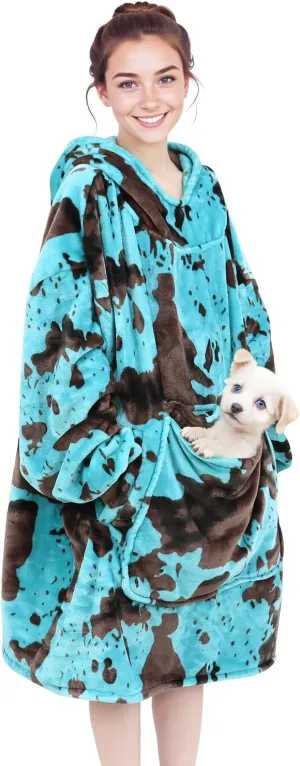 Wearable Blanket Hoodie Turquoise Fleece Sweatshirt Blanket with Giant Hood Pocket and Sleeves Teal Blue Birthday Gifts for Men Women