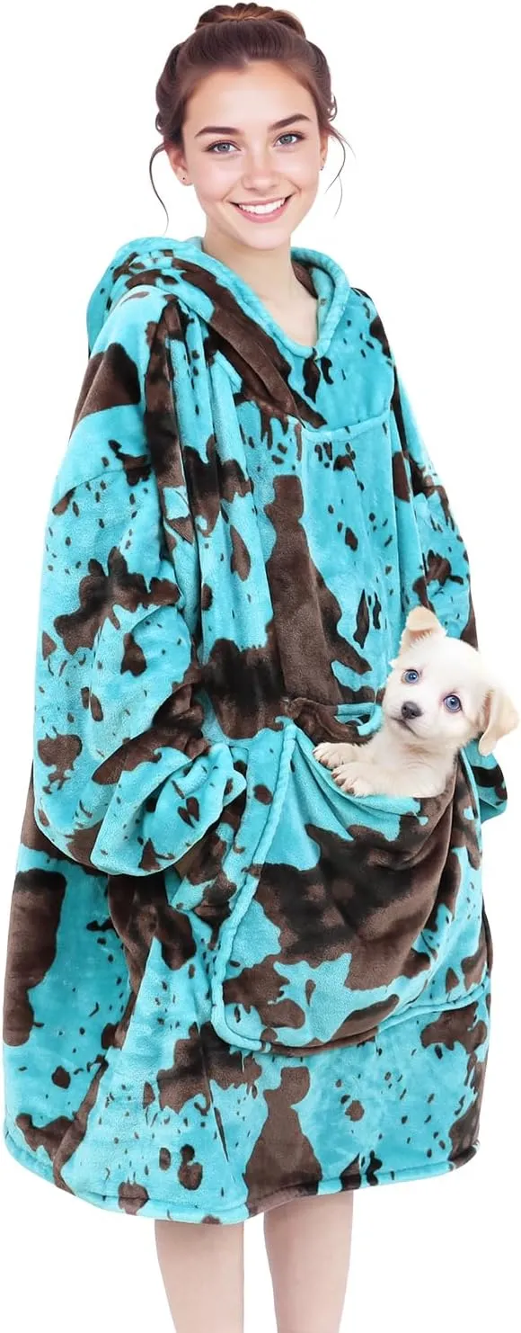 Wearable Blanket Hoodie Turquoise Fleece Sweatshirt Blanket with Giant Hood Pocket and Sleeves Teal Blue Birthday Gifts for Men Women