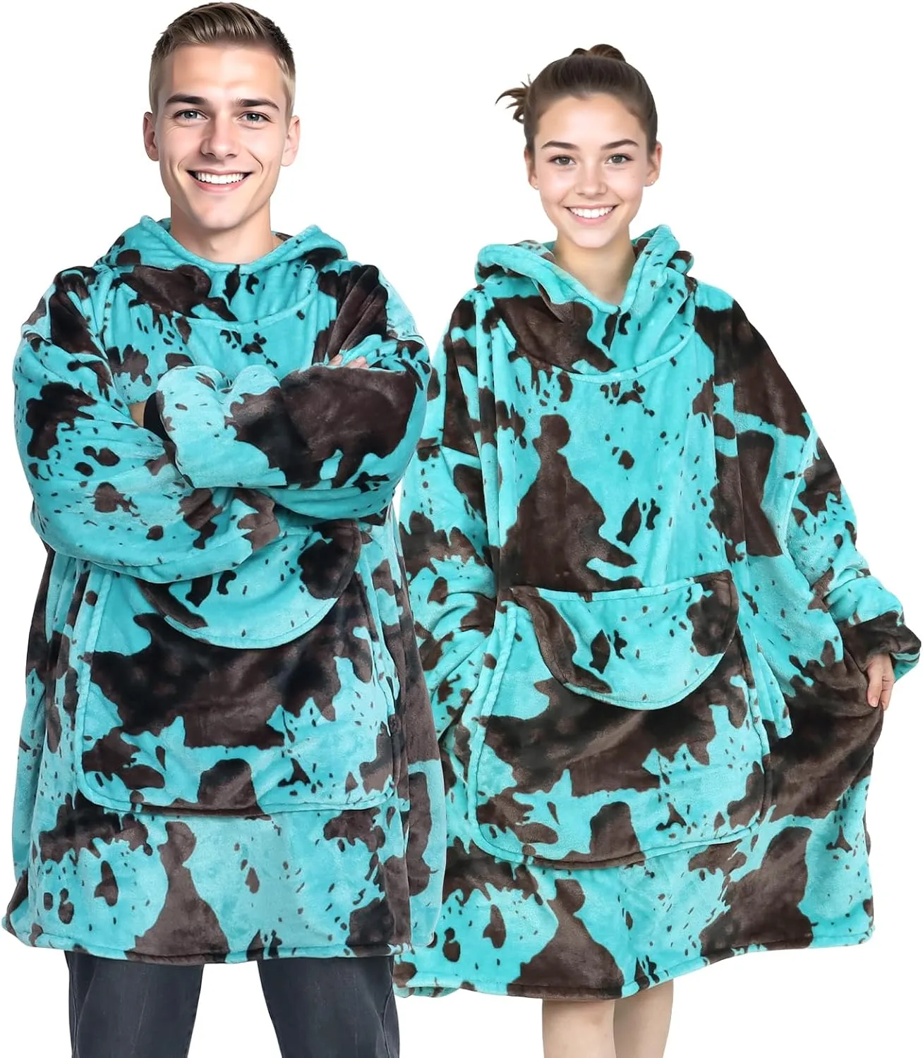 Wearable Blanket Hoodie Turquoise Fleece Sweatshirt Blanket with Giant Hood Pocket and Sleeves Teal Blue Birthday Gifts for Men Women