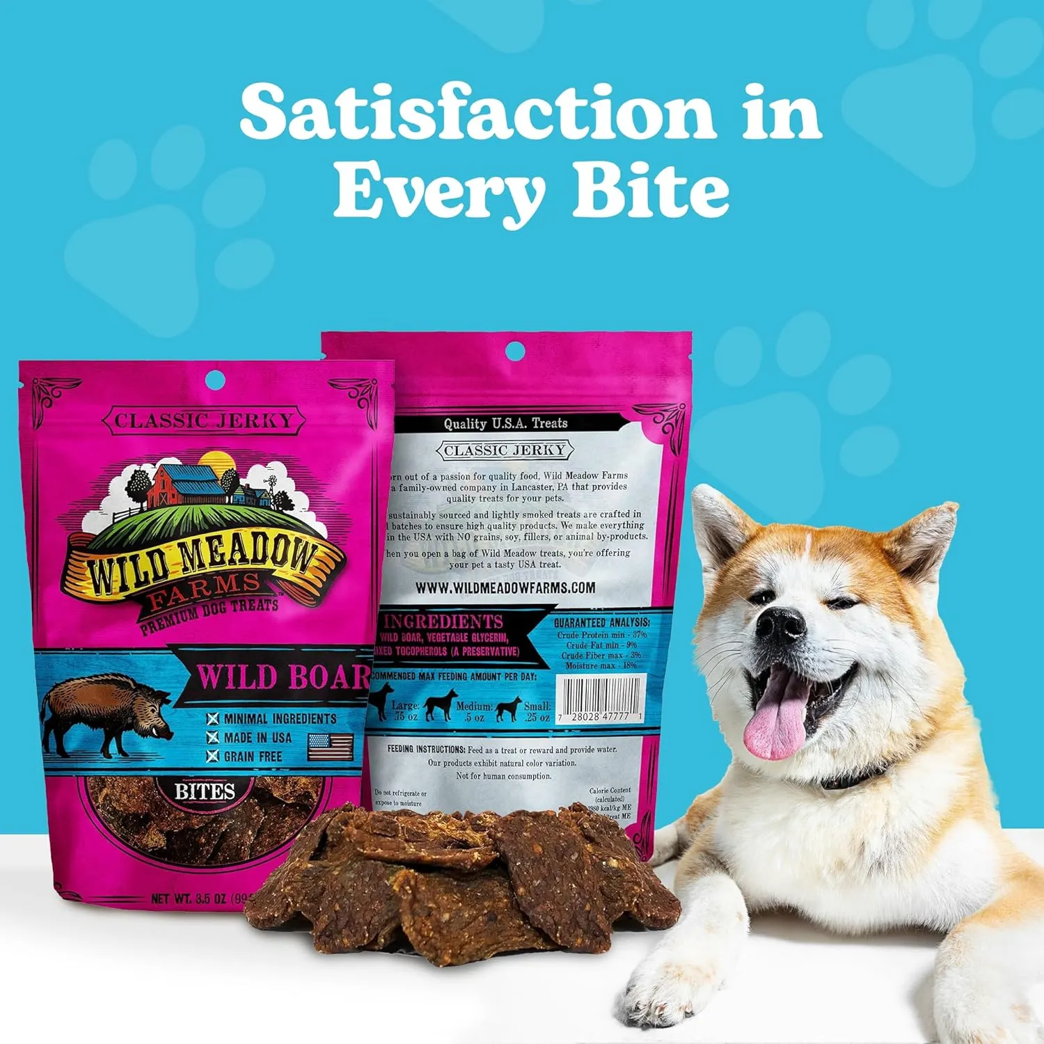Wild Meadow Farms - Classic Wild Boar Bites, Soft Jerky Treats for Dogs - 3.5 Ounce Pouch