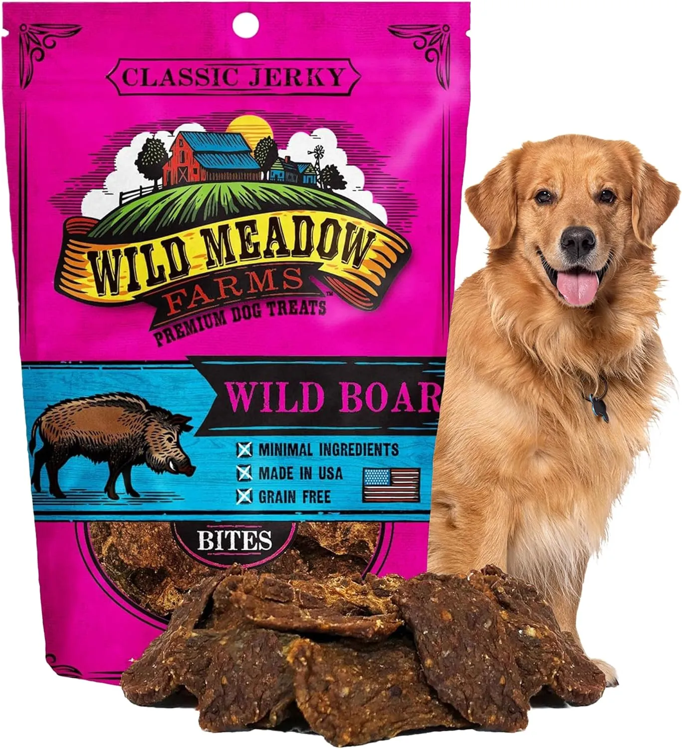 Wild Meadow Farms - Classic Wild Boar Bites, Soft Jerky Treats for Dogs - 3.5 Ounce Pouch