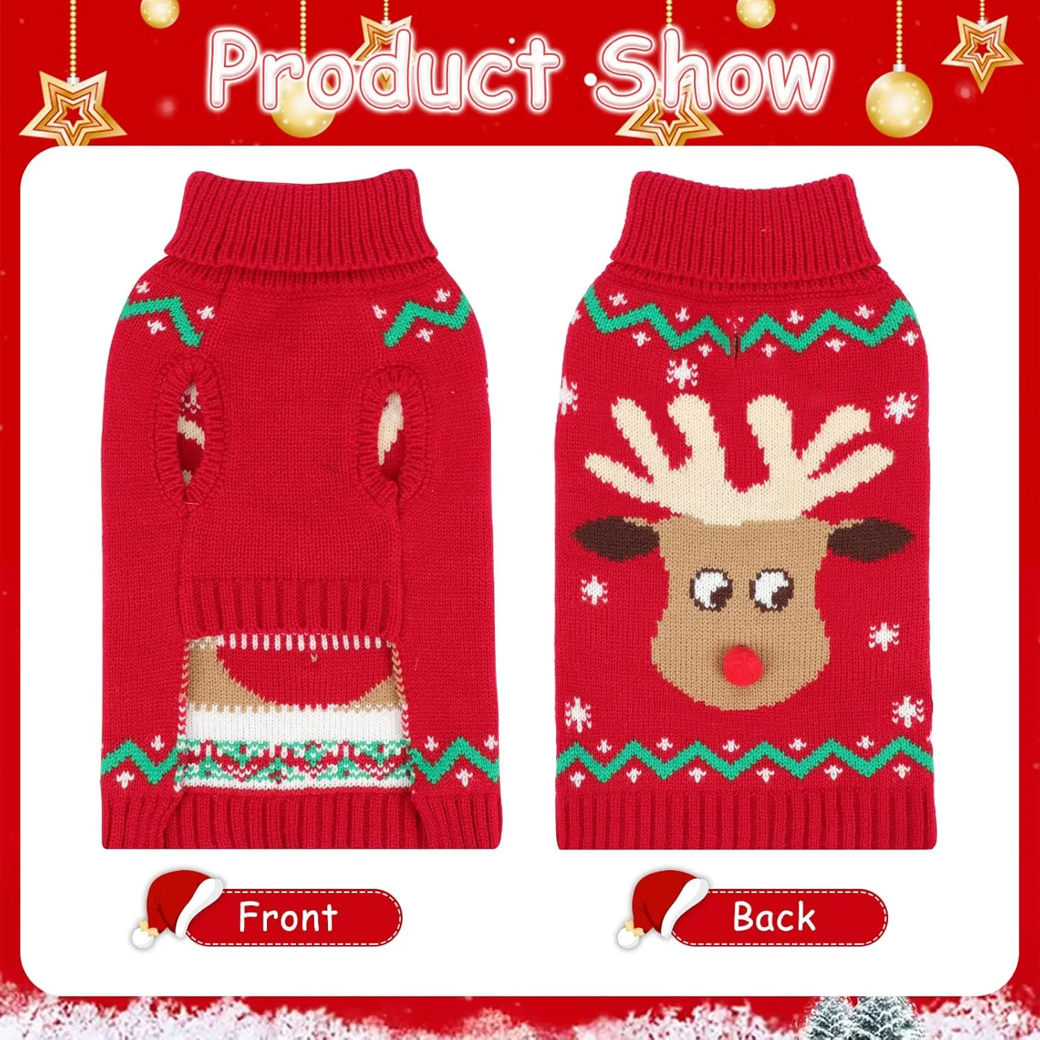 YUEPET Christmas Dog Sweaters Pullover, Reindeer Snowflake Christmas Dog Outfits with Leash Hole, Classic Turtleneck Clothes for Puppies Medium Dogs(SM)