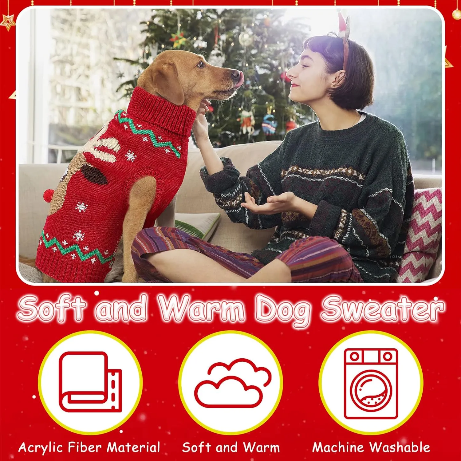 YUEPET Christmas Dog Sweaters Pullover, Reindeer Snowflake Christmas Dog Outfits with Leash Hole, Classic Turtleneck Clothes for Puppies Medium Dogs(SM)