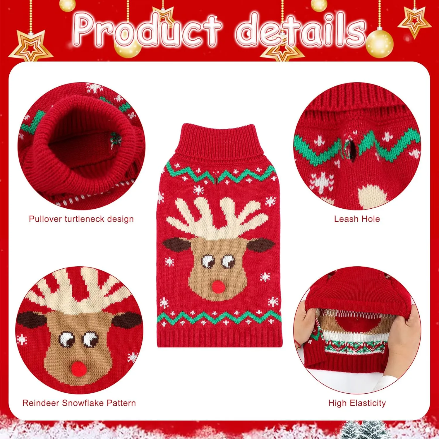 YUEPET Christmas Dog Sweaters Pullover, Reindeer Snowflake Christmas Dog Outfits with Leash Hole, Classic Turtleneck Clothes for Puppies Medium Dogs(SM)