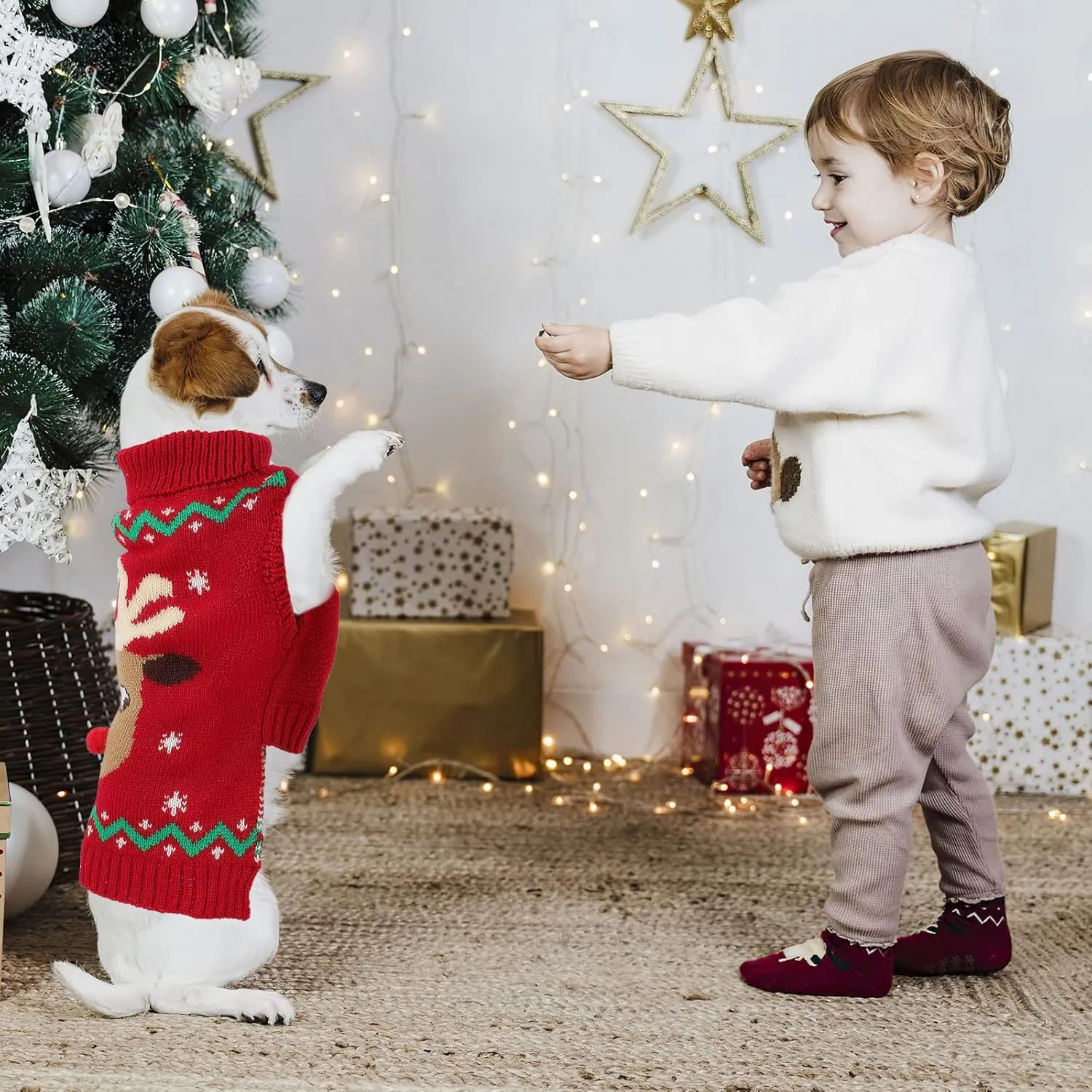 YUEPET Christmas Dog Sweaters Pullover, Reindeer Snowflake Christmas Dog Outfits with Leash Hole, Classic Turtleneck Clothes for Puppies Medium Dogs(SM)