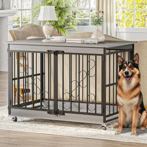 ZUNLANTK Dog Crate Furniture, 48 Inch Dog Crates for Medium/Large Dogs, Farmhouse Wood Dog Kennel Indoor Heavy Duty Dog Cage with Caster Wheels (Gray)